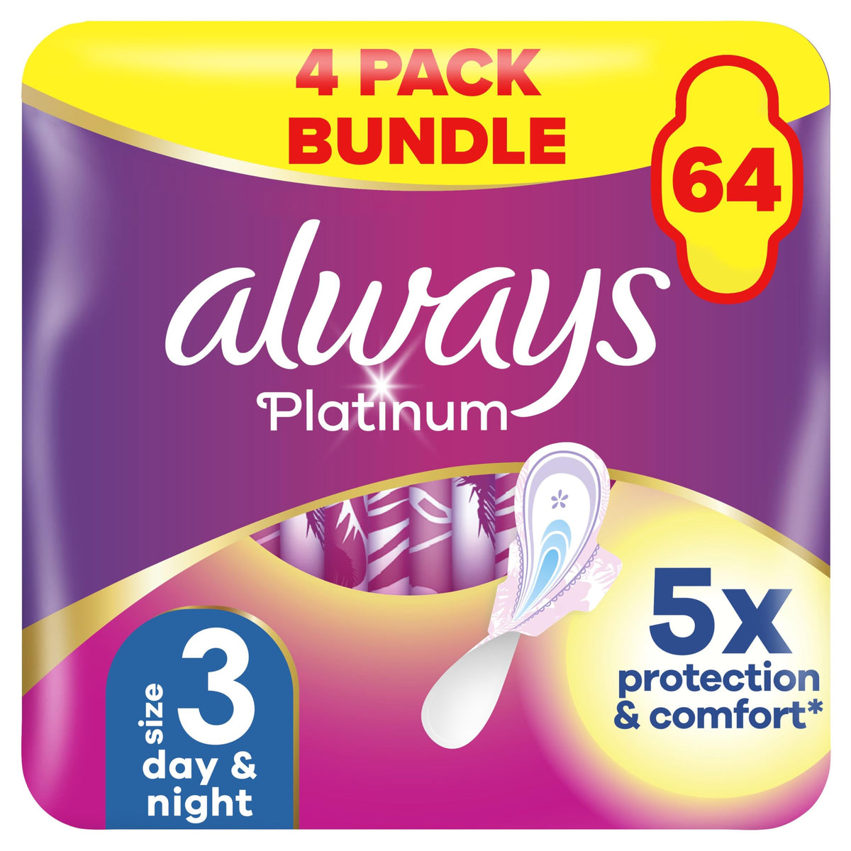 Always Platinum Day & Night (Size 3) Pads With Wings 4x16 Sanitary Towels, Leak Guard, Odour lock, Soft topsheet with 1000 microcushions