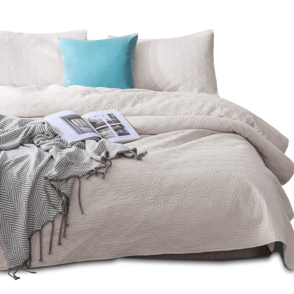KASENTEX Quilted Coverlet Set - Pre Washed - Luxury Microfiber Soft Warm Bedding - Solid Colors Bedspread - Contemporary Star Design, Twin + 1 Sham, Sand Beige