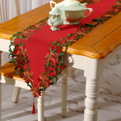 Tatuo Christmas Embroidered Table Runner Xmas Flower Red Table Cover Christmas Leaf Table Linens for Christmas Holiday Home Dining Decoration Wedding Party Gift Supplies(Fresh Style,15 x 70 Inch)
