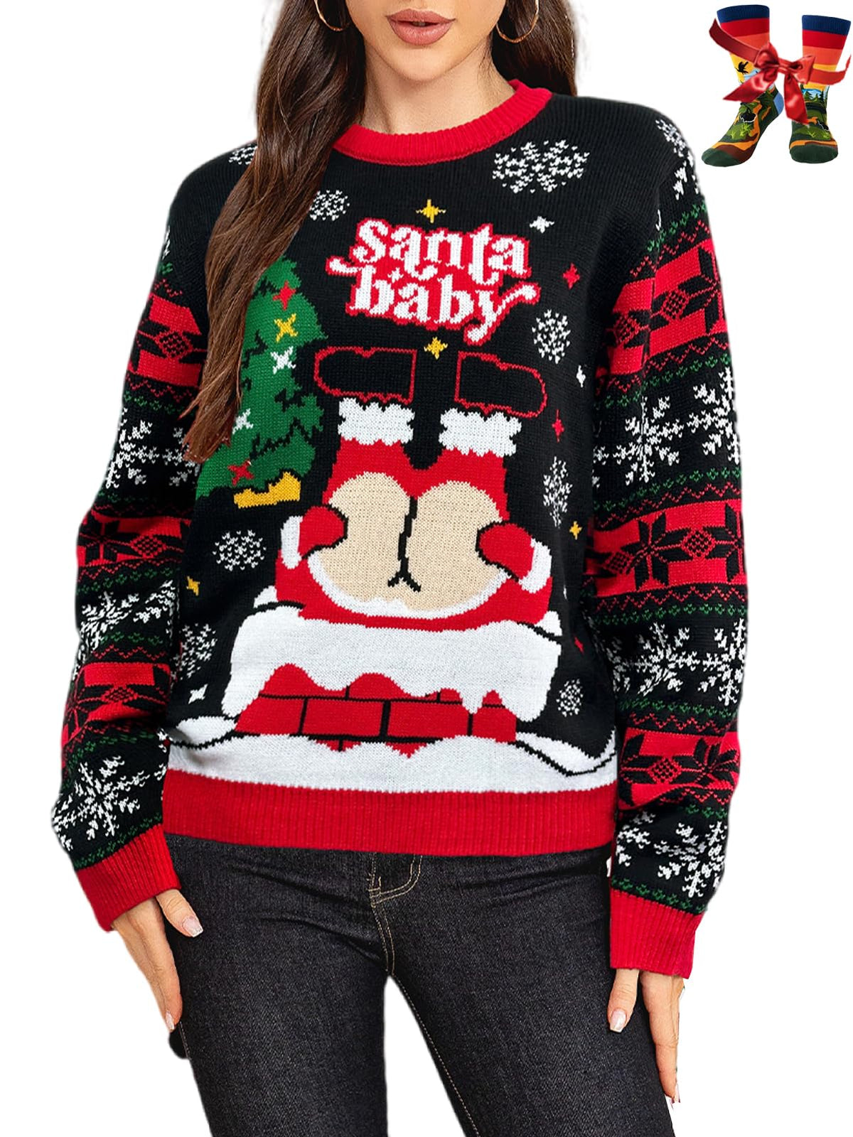 WIPONKEN Ugly Christmas Sweater for Women 2024 Funny Christmas Sweater Holiday Party Pullover Sweater Knit Tops, Funny Santa, Medium