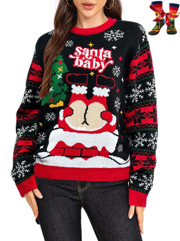 WIPONKEN Ugly Christmas Sweater for Women 2024 Funny Christmas Sweater Holiday Party Pullover Sweater Knit Tops, Funny Santa, Medium