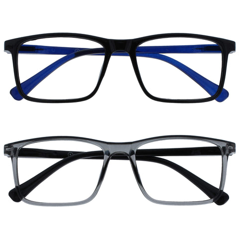 OPULIZE Ink Reading Glasses 2 Pack Large Rectangular Frame Black Transparent Grey Spring Hinges Scratch Resistant Mens Womens RR4-17 +1.00