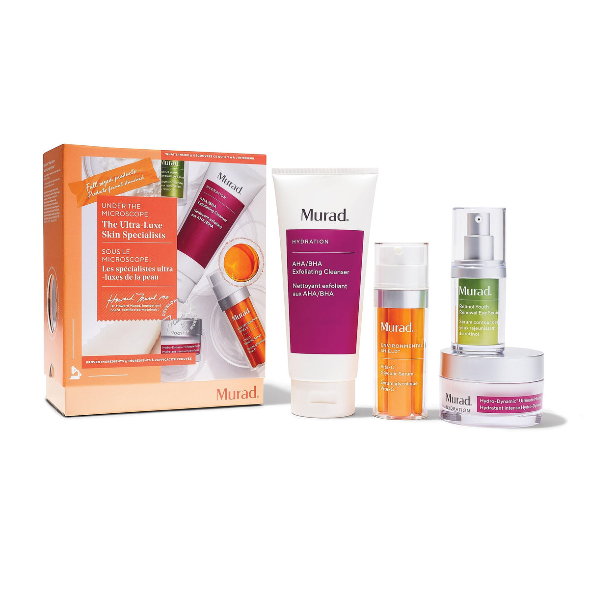 Murad The Ultra-luxe Skin Specialists - 4-Piece Full Size Set ($308 value) - AHA/BHA Cleanser 6.75Oz, Vita-C Glycolic Serum 1Oz, Retinol Eye Serum 0.5Oz, & Hydro Dynamic Moisturizer 1.7Oz