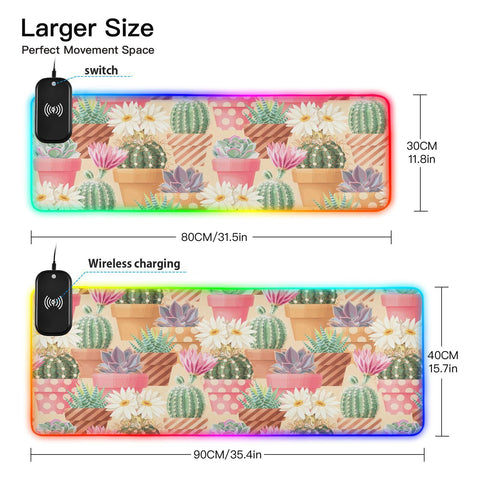 Cactus Wireless Charging Mouse Pad for Mobile Phone Extra Large Gaming Mousepad with 13 Lighting Modes Computer Mat for Office Home Gaming MacBook PC Laptop
