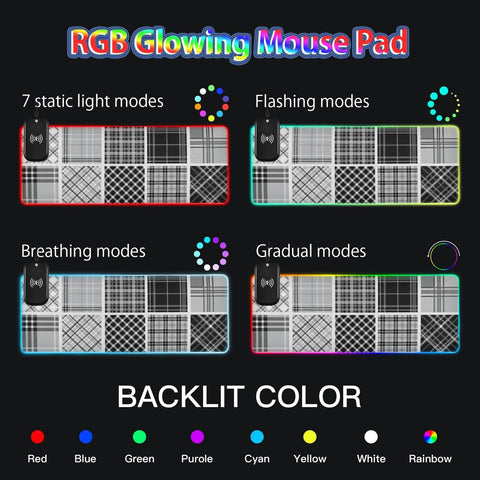 Black White Plaid Wireless Charging Mouse Pad for Mobile Phone Extra Large Gaming Mousepad with 13 Lighting Modes Extended Desk Mat for Gaming MacBook PC Laptop Desk Office Home