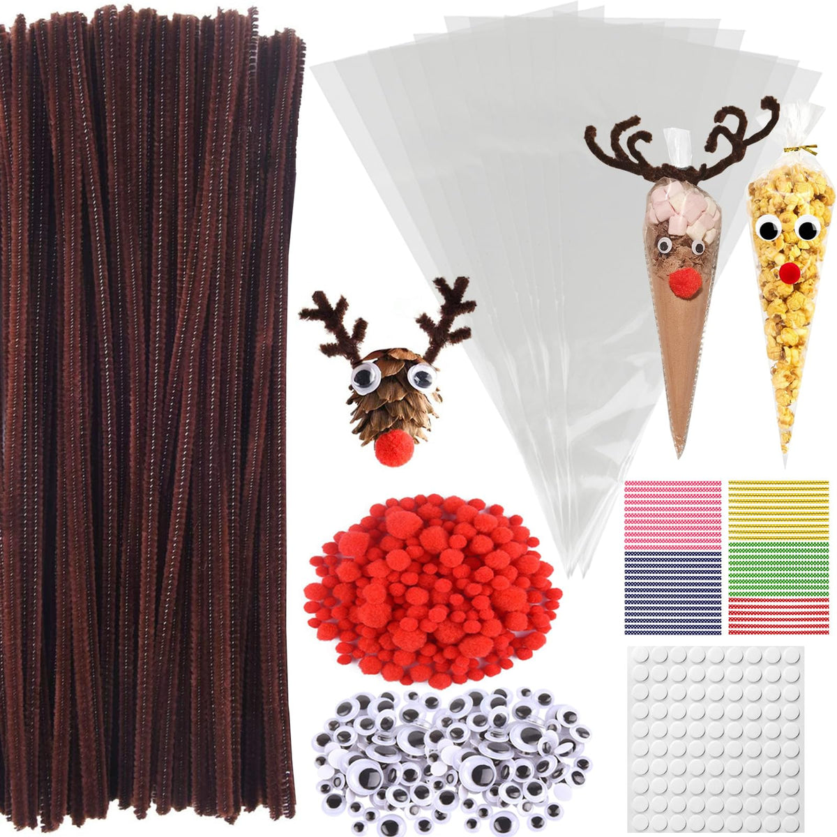 Pipe Cleaners for Craft, 650 Pcs Brown Pipe Cleaners Reindeer Craft Set, 200 Googly Eyes Self Adhesive, 150 Red Pom Poms, 100 Sweet Cone Bags ? 100 Ties for Christmas DIY Crafts Making