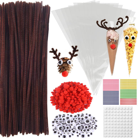Pipe Cleaners for Craft, 650 Pcs Brown Pipe Cleaners Reindeer Craft Set, 200 Googly Eyes Self Adhesive, 150 Red Pom Poms, 100 Sweet Cone Bags ? 100 Ties for Christmas DIY Crafts Making