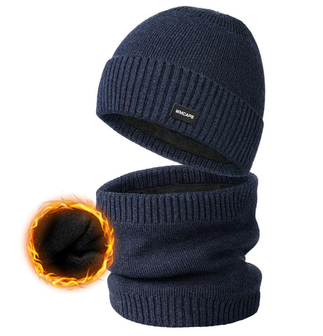 Wmcaps Winter Hats Scarf Set for Men, Thermal Knit Beanies and Circle Scarf, Unisex Neck Warmer Fleece Hat, Skiing Gift Sets for Men and Women?Navy Peony