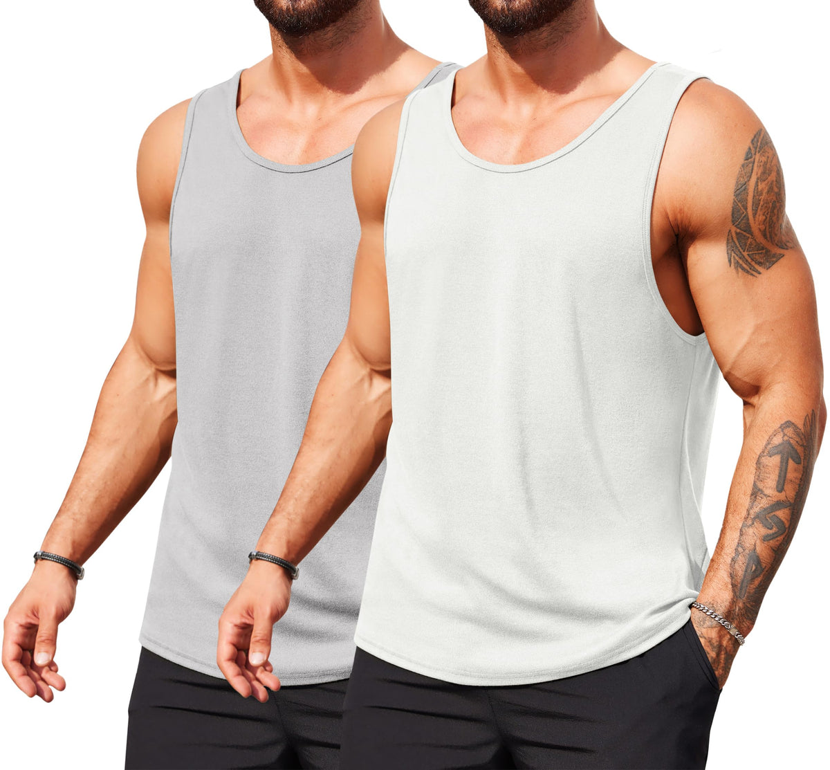 COOFANDY Mens Summer Tank Tops Boxing Trainning Shirts 2 Pack Sleeveless Beach T Shirts White Grey Large
