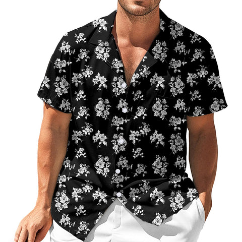 Fastkoala Men's Hawaiian Shirt Beach Shirts Tropical Floral Tops Casual Summer Holiday Cotton Lapel Pocket Black M