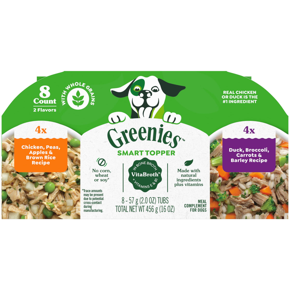 Greenies Smart Topper High Protein Wet Mix-in for Dogs, Chicken, Peas, Apples, and Brown Rice Recipe & Duck, Broccoli, Carrots and Barley Recipe Variety Pack with Whole Grains, 2oz. 8 Trays