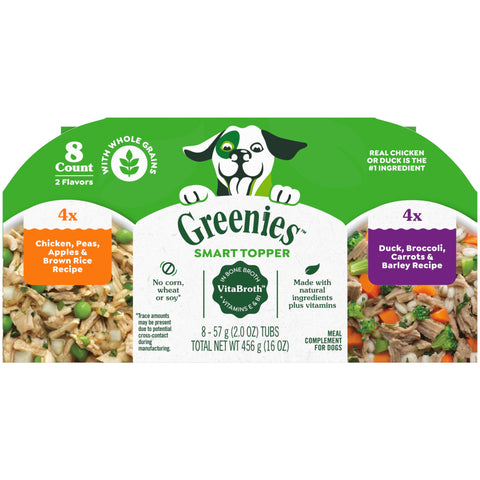 Greenies Smart Topper High Protein Wet Mix-in for Dogs, Chicken, Peas, Apples, and Brown Rice Recipe & Duck, Broccoli, Carrots and Barley Recipe Variety Pack with Whole Grains, 2oz. 8 Trays