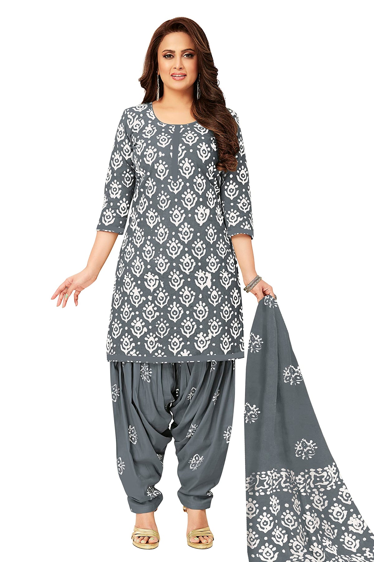 Miraan Women's Unstitched Cotton Batik Salwar Suit printed material Free Size Grey