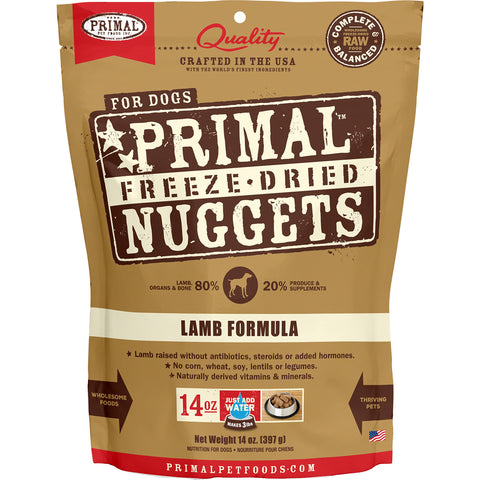 Primal Freeze Dried Dog Food Nuggets, Lamb; Complete & Balanced Meal; Also Use as Topper or Treat; Premium, Healthy, Grain Free, High Protein Raw Dog Food, 14 oz