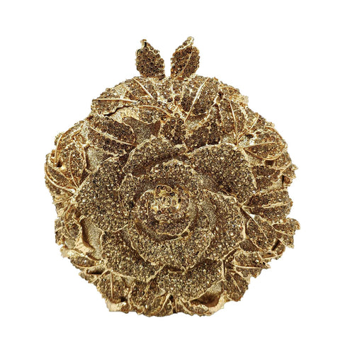 Boutique De FGG Round Shape Rose Flower Crystal Clutch Purses for Women Formal Evening Bags Wedding Party Handbags (Small,Gold)
