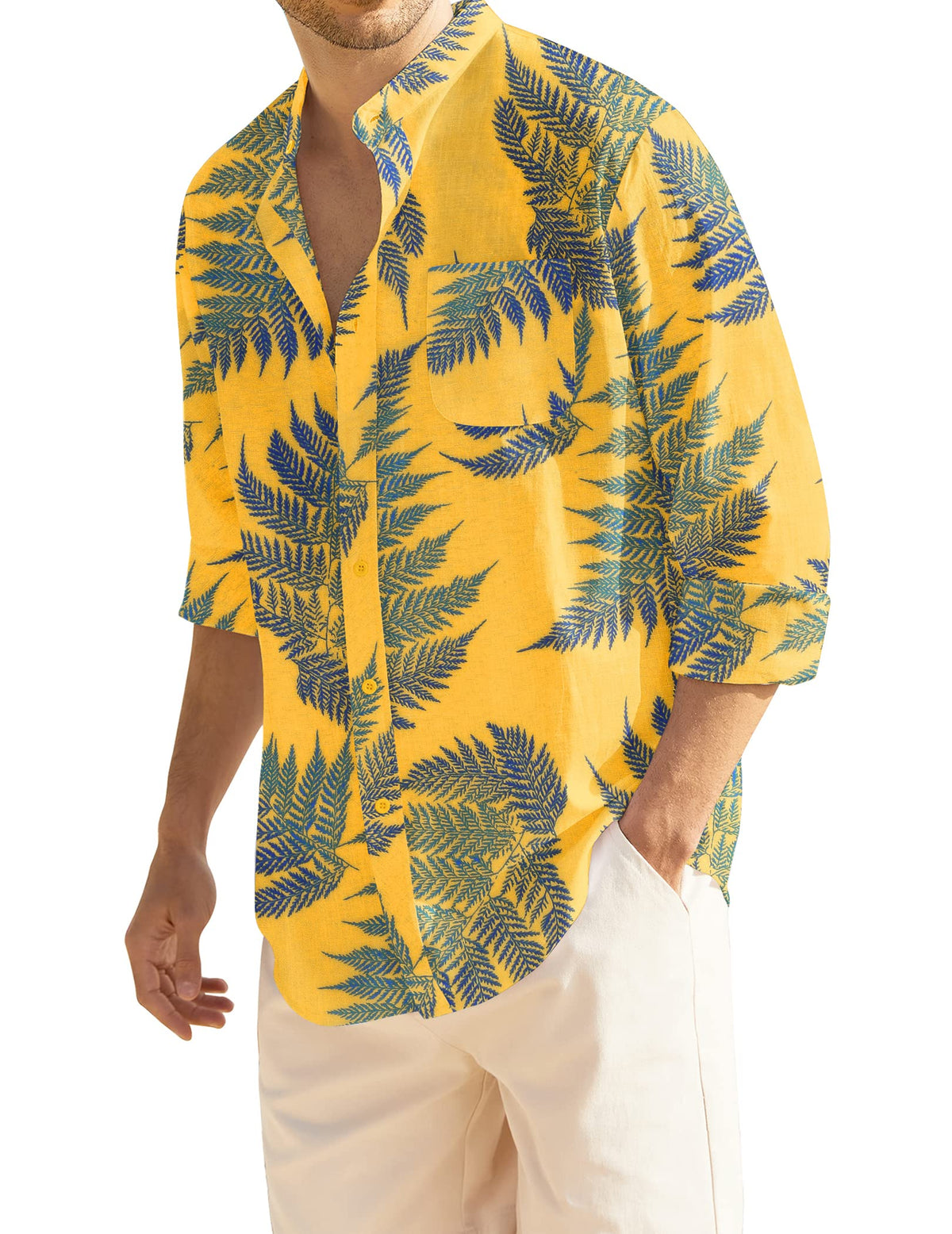 COOFANDY Cotton Linen Shirt Mens Button Up Shirts Casual Shirts for Men Summer Long Sleeve Casual Summer Shirts Beach Tops Yellow Floral