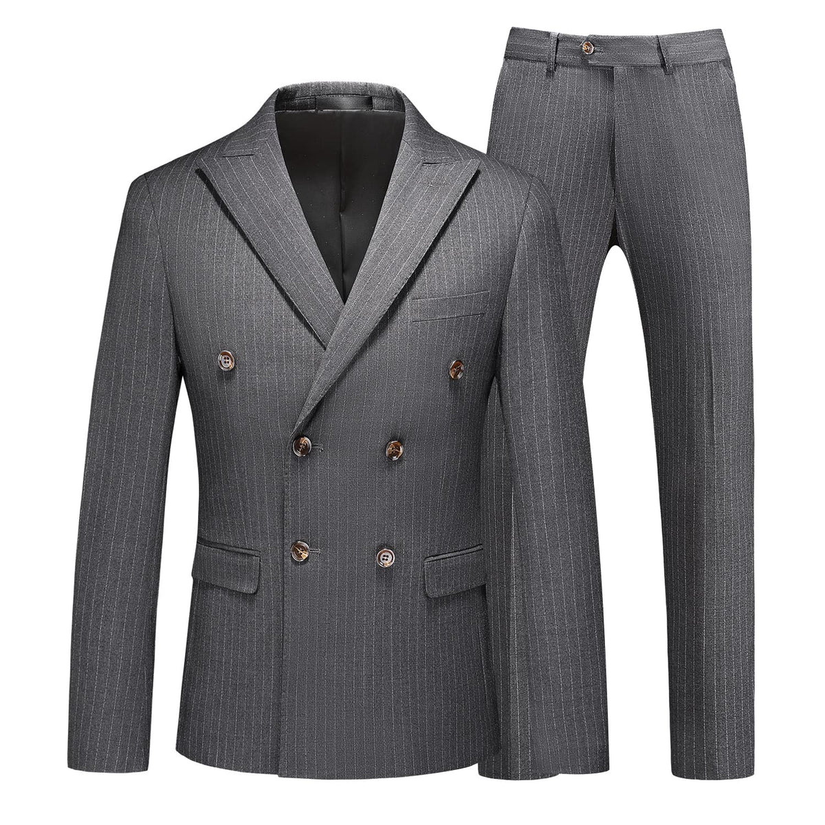 MOGU Mens Suits 3 Piece Double Breasted Suit Pinstripe Slim Fit Tuxedo Jacket Vest Pants for Business Wedding Prom 44 Grey