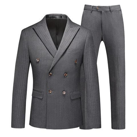 MOGU Mens Suits 3 Piece Double Breasted Suit Pinstripe Slim Fit Tuxedo Jacket Vest Pants for Business Wedding Prom 44 Grey