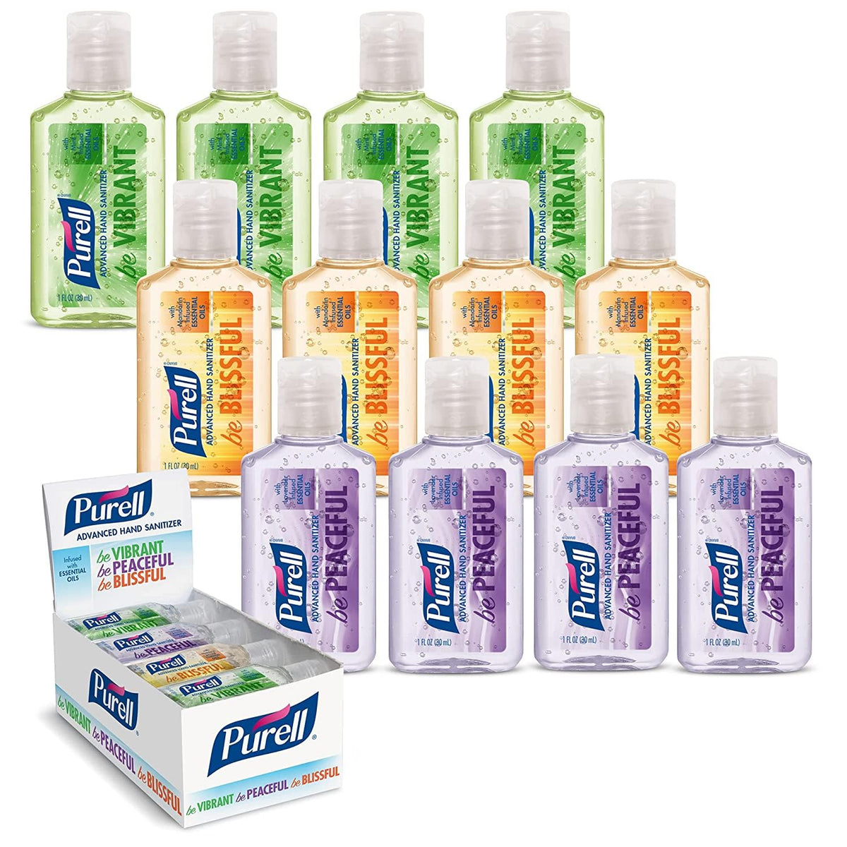 Purell Advanced Hand Sanitizer Gel Infused with Essential Oils, Scented Variety Pack, 1 fl oz Travel Size Flip Cap Bottles (Box of 12 Bottles)- 3901-24-CMRMETRY