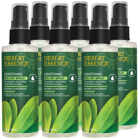 Desert Essence Soothing Relief Spray, 4 fl oz (Pack of 6) Gluten Free, Vegan - Inherently Cleansing Australian Tea Tree Oil for Sunburn, Insect Bites, Minor Scrapes & Tired, Aching Feet