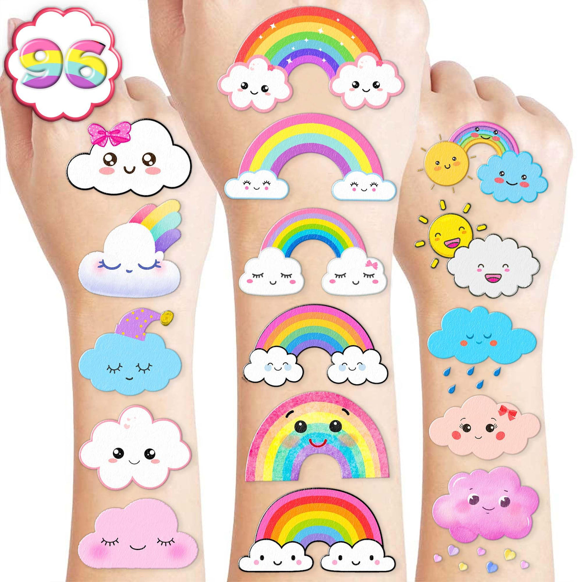 Generic 96 PCS Cute Cloud Temporary Tattoo Stickers Theme Pastel Rainbow Birthday Party Decorations Supplies Decor Favors Gifts for Boys Girls School Classroom Prizes Rewards