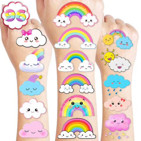 Generic 96 PCS Cute Cloud Temporary Tattoo Stickers Theme Pastel Rainbow Birthday Party Decorations Supplies Decor Favors Gifts for Boys Girls School Classroom Prizes Rewards