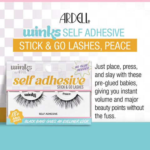 Ardell Winks Self Adhesive Lashes, Peace, Easy-to-Apply, Lightweight, Full-Volume Flare, No Glue Needed, 1-pair
