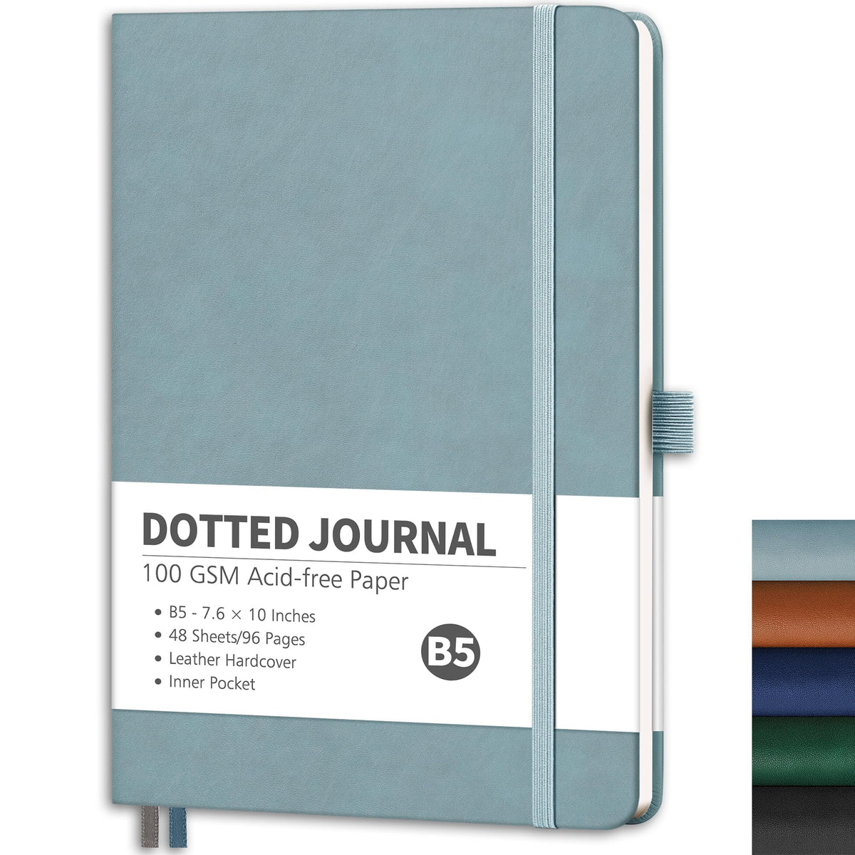 RETTACY Bullet Dotted Journal - B5 Dotted Grid Notebook with 96 Pages, 100 GSM Acid-Free Paper, Bullet Journaling, Sketching, Leather Hardcover, Inner Pocket, 7.6'' Ã— 10'' (Blue-gray)
