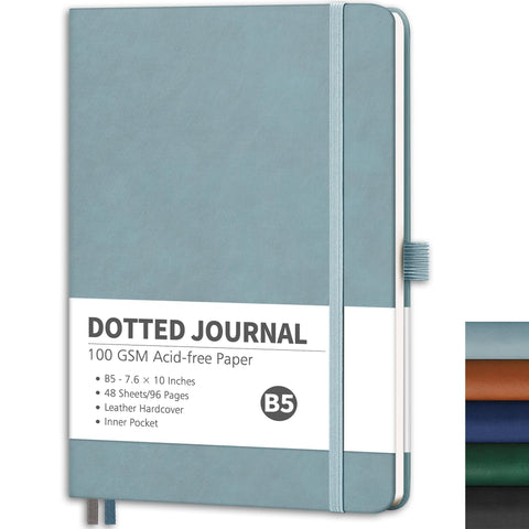 RETTACY Bullet Dotted Journal - B5 Dotted Grid Notebook with 96 Pages, 100 GSM Acid-Free Paper, Bullet Journaling, Sketching, Leather Hardcover, Inner Pocket, 7.6'' Ã— 10'' (Blue-gray)