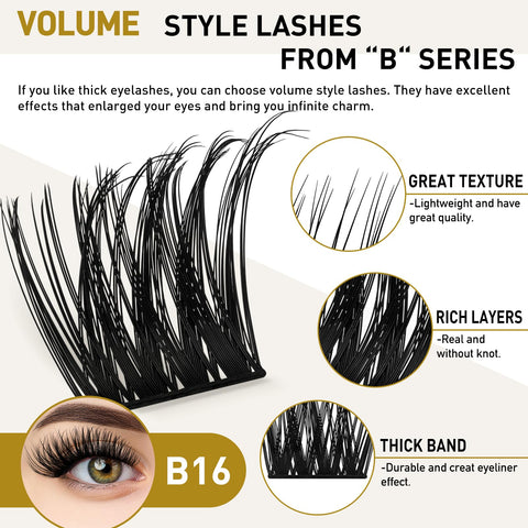 B&Qaugen Lash Clusters B16 D Curl 14mm DIY Lash Extensions 72 Clusters Lashes C D Curl B&Q LASH Wispy Volume Lashes Eyelash Clusters Extensions Individual Lashes Cluster DIY at Home (B16,D-14mm new)