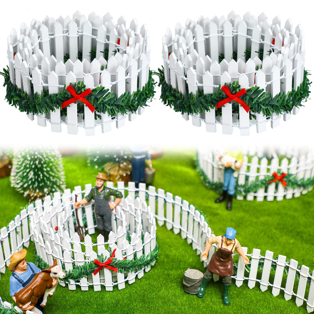 35 Inch Christmas Fairy Garden Fence Miniature Fairy Garden Accessories Wooden Decorative White Picket Fence Mini Fence Small Garden Fence for Christmas Dollhouse Mini Village Landscape (2 Pieces)
