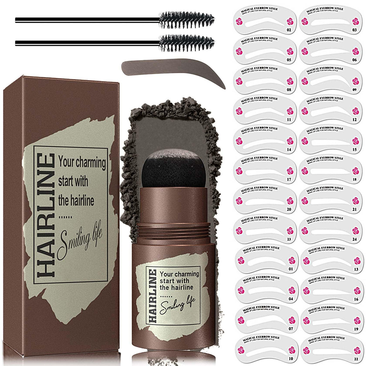 Eyebrow Stamp Stencil Kit,Brow Stamp Shaping Kit with 24 Reusable Stencils & 2 Eyebrow Brushes Eye Brow Makeup,Long Lasting Waterproof Eyebrow Stamp Pomade for Women(Black)