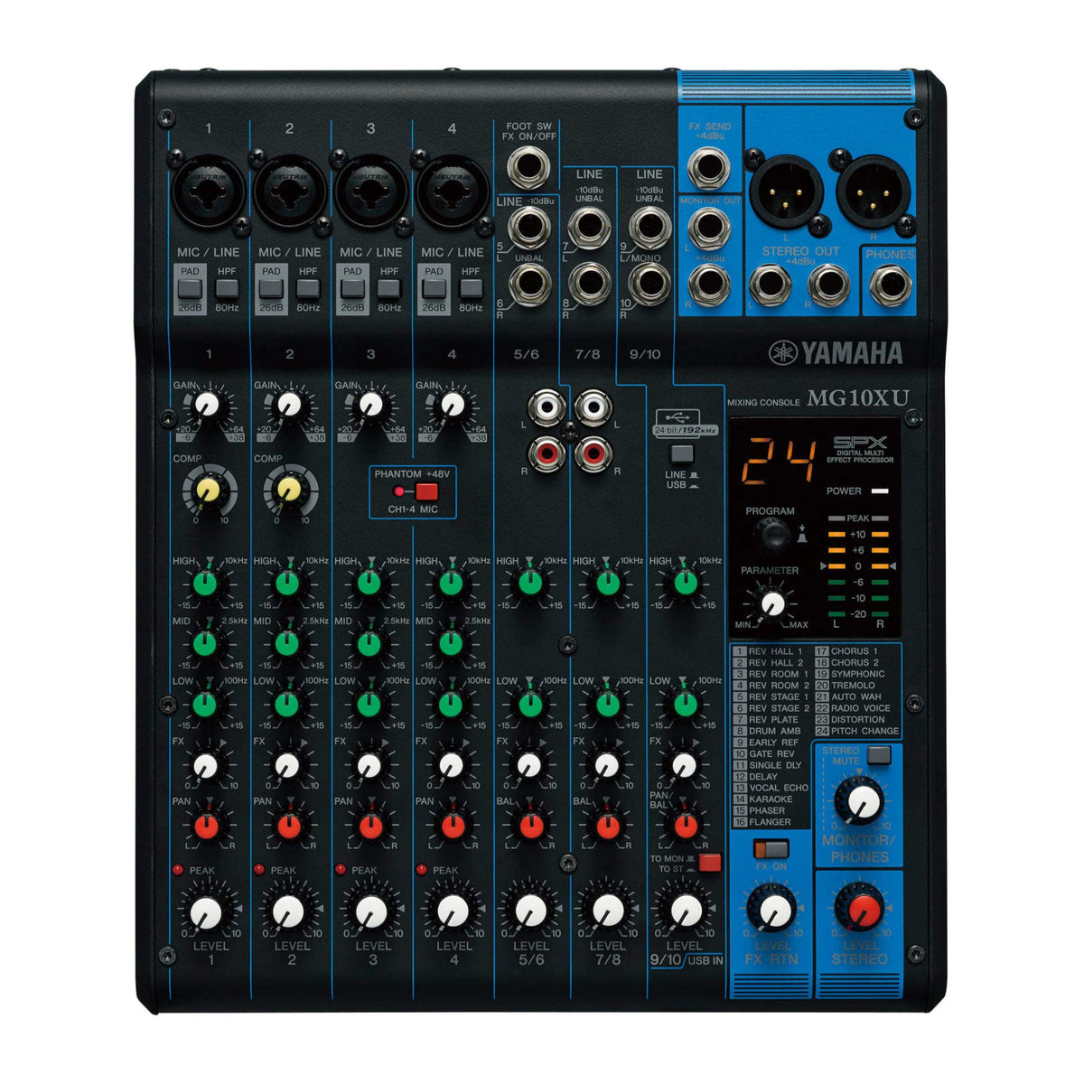 Yamaha MG10XU 10-Channel Analog Mixer, with 4 Microphone Preamps, 3 Dedicated Stereo Line Channels, 1 Aux Send, EQ, 1-knob Compressors, and Digital Effects