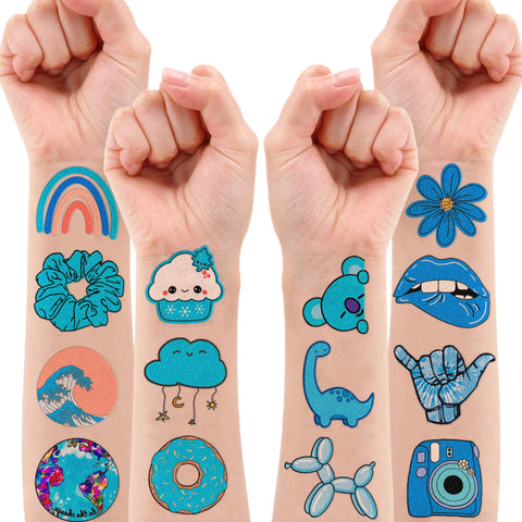 Blue Temporary Tattoos Theme Birthday Party Decorations Supplies Favors Decor Cute Stickers Tattoo 8 Sheets 96 PCS Gifts for Kids Boys Girls Classroom Rewards Prizes Christmas
