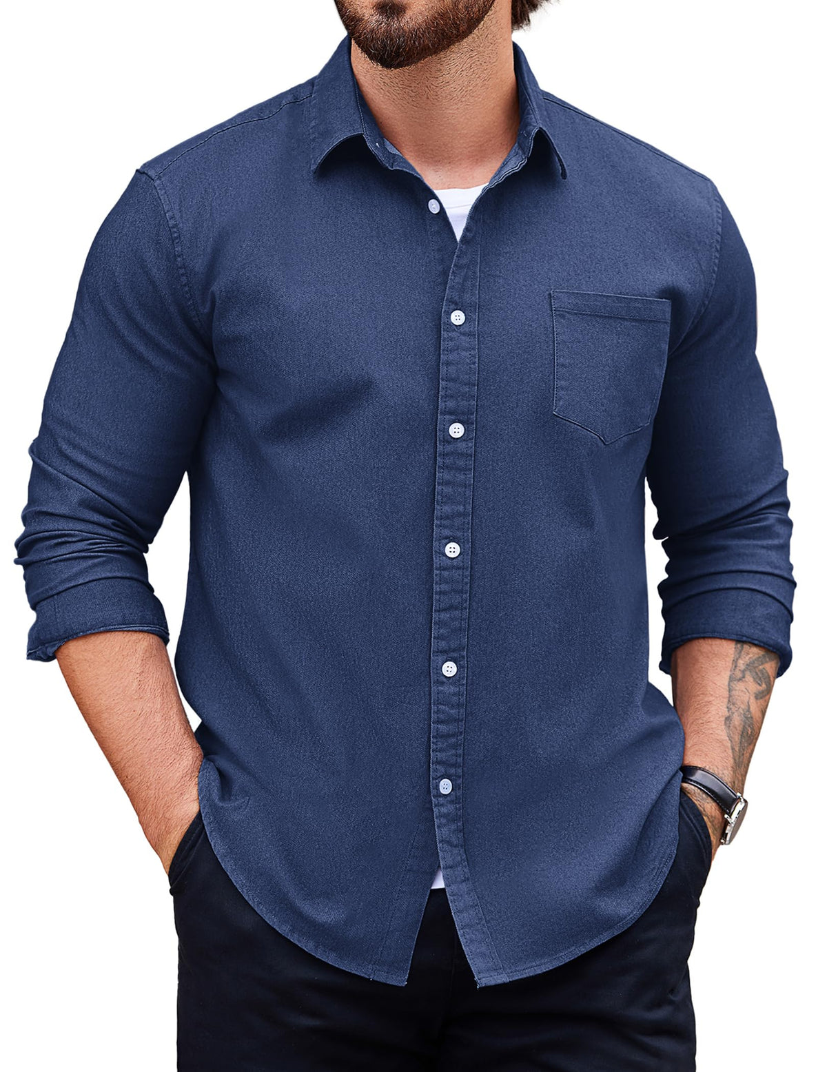 COOFANDY Mens Casual Dress Shirt Long Sleeve Button Down Shirts Untucked Shirts Slim Fit Blue