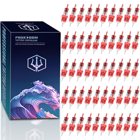 POSEIDON 50PCS Tattoo Cartridge Needles Mixed Size Steriled Needles with Disposable Membrane Safety Cartridges-1201RL, 1203RL, 1205RL, 1207RL, 1209RL for Tattoo Pen