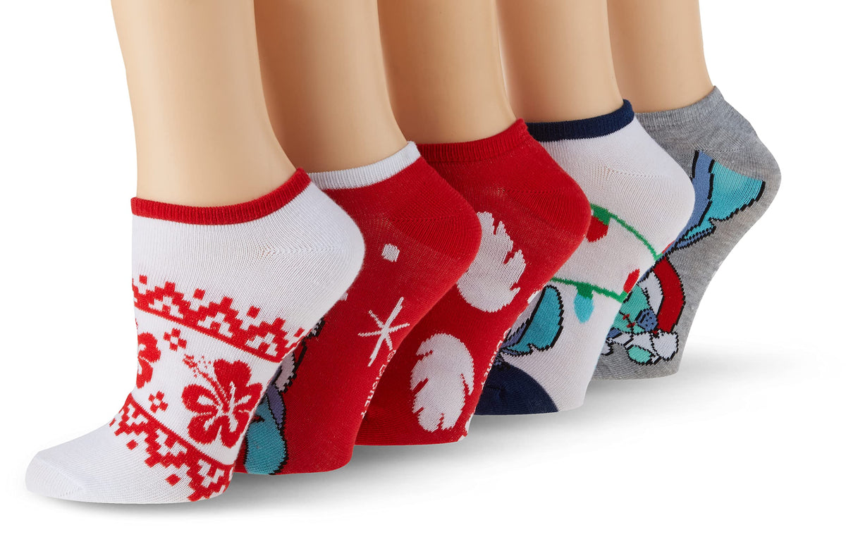 Disney Women's Lilo & Stitch 5 Pack No Show, Holiday Red Assorted, Fits Sock Size 9-11 Fits Shoe Size 4-10.5