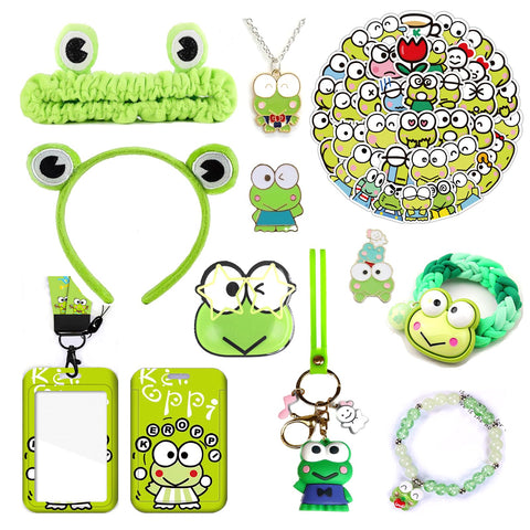 SMAROICE Kawaii Keroppi Gift Set Cute Keroppi Accessories Frog Gift Set Including Badge Holder with Lanyard Hairpin Headbands Button Pins Necklaces Bracelets Phone Ring Holder Keychain Stickersâ€¦,