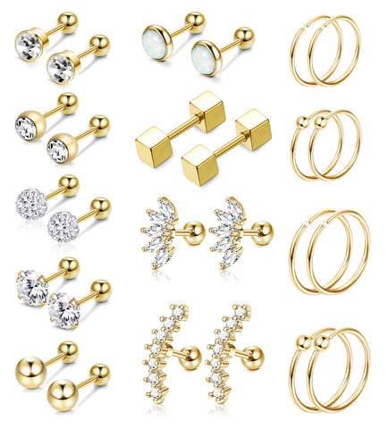 YADOCA 13 Pairs Stainless Steel Cartilage Stud Earrings for Men Women Helix Tragus CZ Barbell Conch Piercing Earrings Ear Hoop Earrings