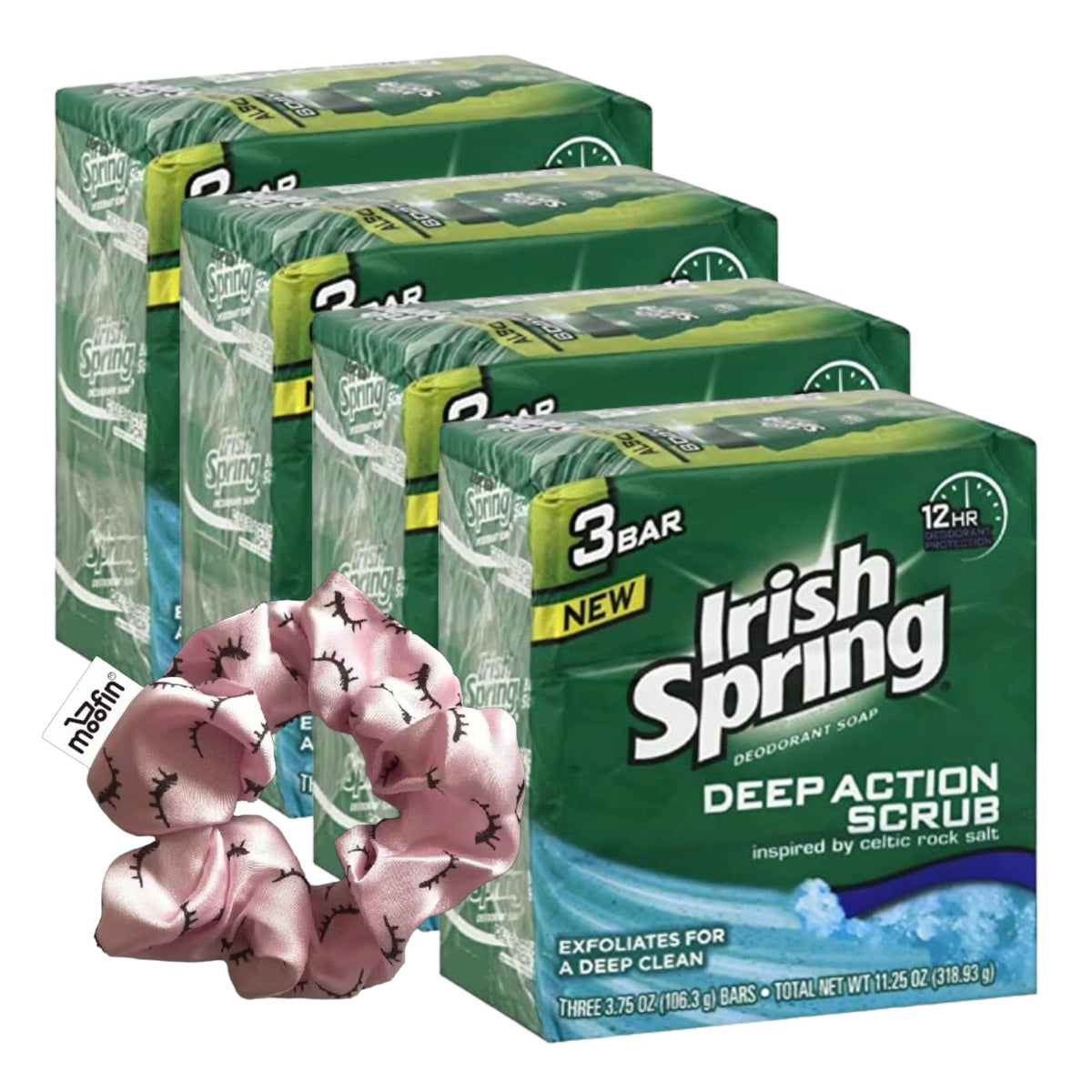 Deep Action Scrub Bar Soap, 3.75oz - Exfoliate Soap with Moisturizing Glycerin & Coconut Oil, 3-Pack Shower Bar Soap, Includes Moofin Hair Tie, Classic Clean Scent [Pack of 4]