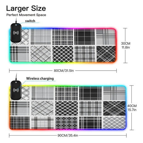 Black White Plaid Wireless Charging Mouse Pad for Mobile Phone Extra Large Gaming Mousepad with 13 Lighting Modes Extended Desk Mat for Gaming MacBook PC Laptop Desk Office Home
