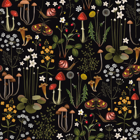 VEELIKE Black Fairy Forest Wallpaper Peel and Stick Moody Mushrooms Floral Wallpaper Mural 17.7''x118'' Dark Botanical Wallpaper Removable Self Adhesive Contact Paper Wall DÃ©cor for Bedroom Kids Room