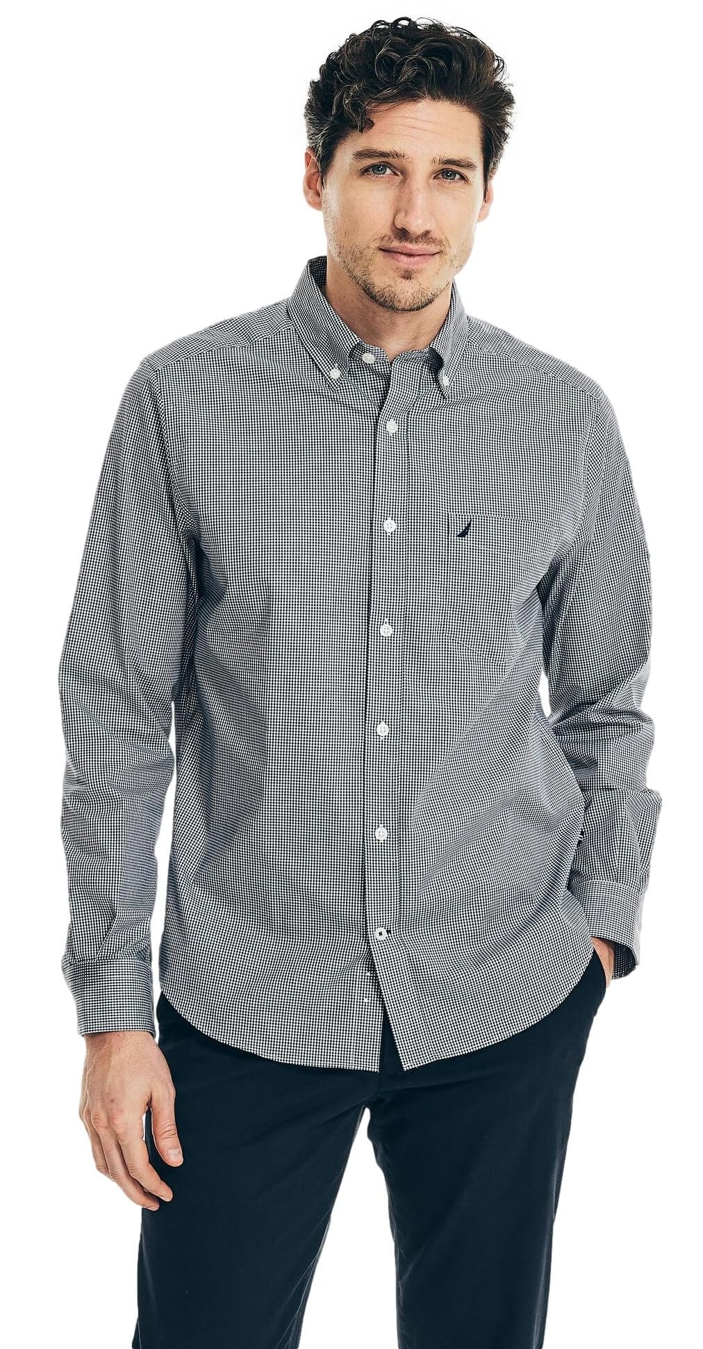 NAUTICA Mens Classic Button-down-shirts, J Navy Checkered., Large US