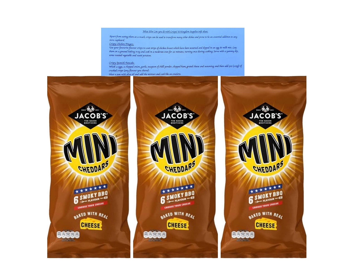 BBQ Smoky Barbecue Flavour Mini Cheddars Jacobs Crisp Snacks 3 x Multi Packs at Least 18 Bags Ideal School Lunch Box Picnic Car Journey with Exclusive Recipe Tips Sheet from Kingdom Supplies