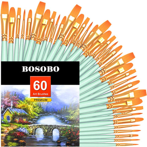 BOSOBO Paint Brushes Set, 6 Pack 60 Pcs Round Pointed Tip Paintbrushes Nylon Hair Artist Acrylic Paint Brushes for Acrylic Oil Watercolor, Face Nail Art, Miniature Detailing & Rock Painting, Green