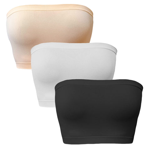 Qianuer 3 Pieces Women's Strapless Bandeau Bra Tube Top Seamless Stretchy Non Padded Bandeau Bralette