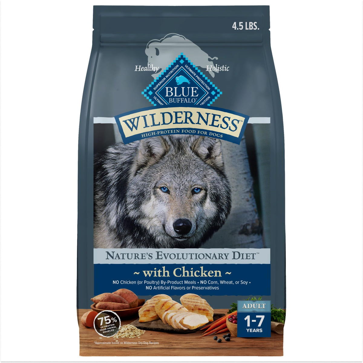 Blue Buffalo Wilderness High Protein Natural Adult Dry Dog Food plus Wholesome Grains, Chicken 4.5 lb bag