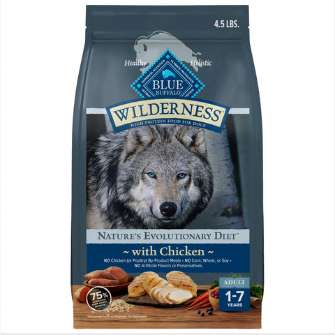 Blue Buffalo Wilderness High Protein Natural Adult Dry Dog Food plus Wholesome Grains, Chicken 4.5 lb bag