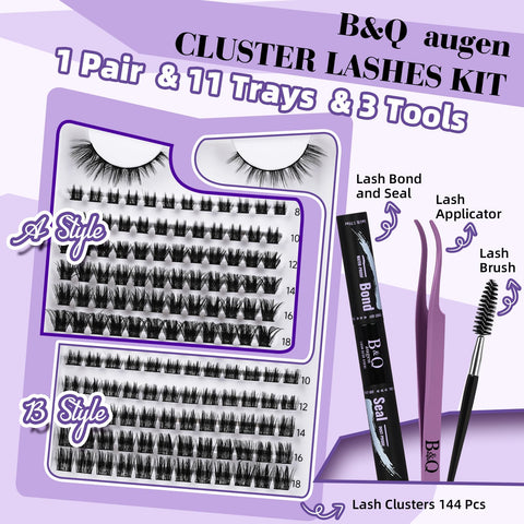 Lash Extension Kit B&Q 144 Pcs Eyelash Extension Kit Natural Look Lashes Extension Kit with Waterproof Lash Bond and Seal and Applicator Tool DIY Lash Extension Kit at Home (Kit,01-8-18mix)