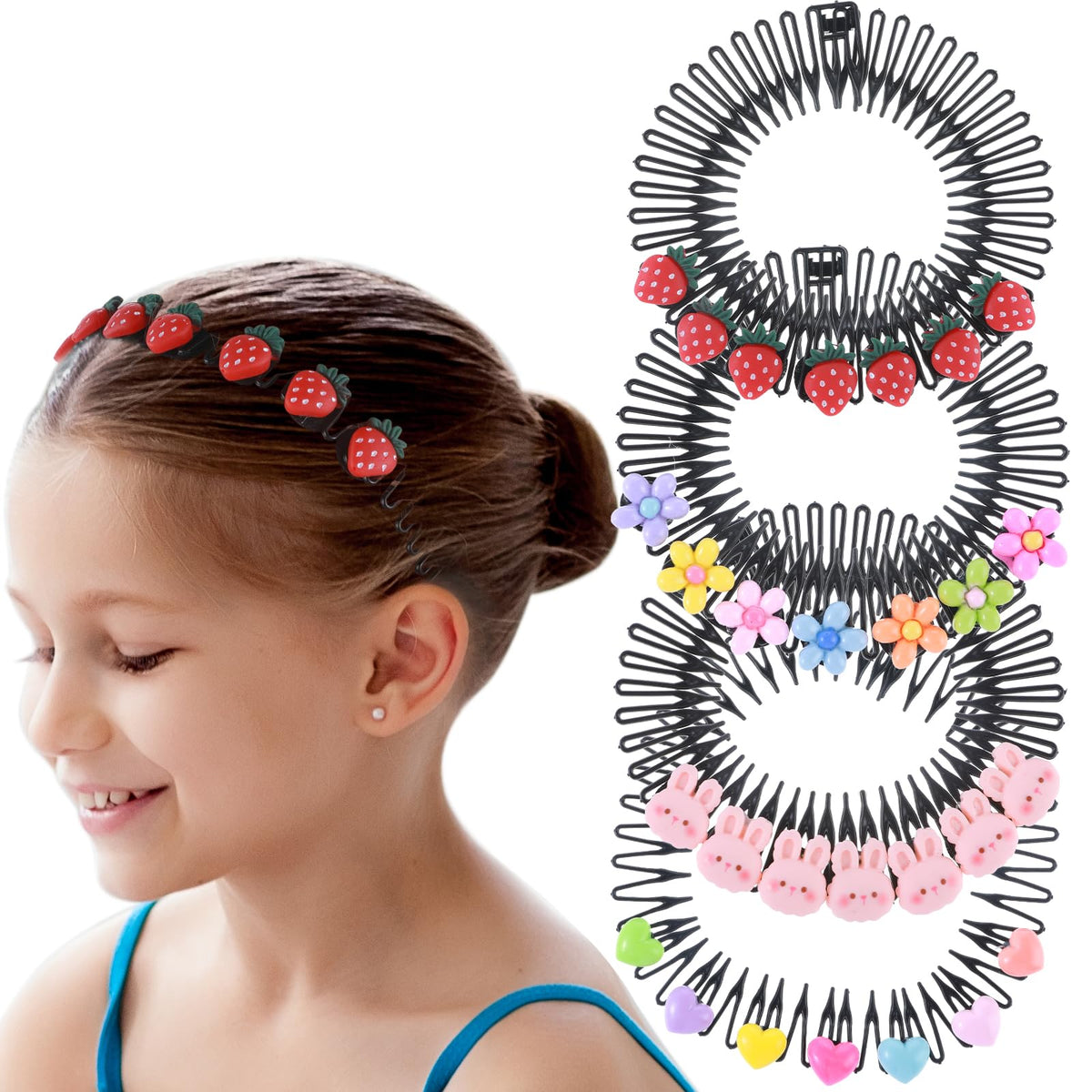 Andibro 4pcs Cartoon Full Circular Stretch Comb Headbands Plastic Flexi Comb Circle Headbands Strawberry Hair Clips for Girls Women Elastic Cute Hairband Stylish Head Hoop with Non-Slip Wavy Teeth